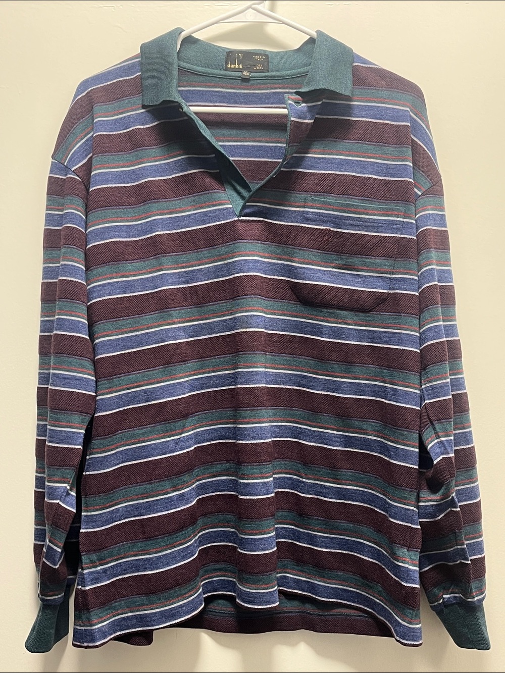 Dunhill Striped Long Sleeve Polo in Green, Burgundy & Blue